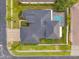 Detailed aerial shows dark roof, pool, and lush backyard bordering home's light colored exterior at 31646 Baymont Loop, Wesley Chapel, FL 33543