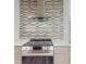 Detail of the modern kitchen with sleek oven range and hood on a mosaic backsplash at 4300 16Th N Ave, St Petersburg, FL 33713