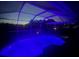 Screened-in pool is illuminated in blue at dusk for nighttime enjoyment at 9702 Mary Robin Dr, Riverview, FL 33569