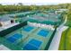 Aerial view of tennis and pickleball courts with green canopies and lush landscaping, perfect for sports enthusiasts at 18004 Avalon Ln, Tampa, FL 33647
