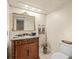 Bathroom with marble countertop, wood cabinets, and decorative mirror at 4209 Winding Willow Dr, Tampa, FL 33618