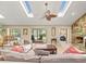 Bright living room featuring skylights, stone fireplace, and access to screened-in pool at 4209 Winding Willow Dr, Tampa, FL 33618