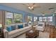 Airy living room with large windows, comfortable seating, and stylish decor, creating a welcoming space at 608 Fort Duquesna Dr, Sun City Center, FL 33573