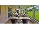 Covered patio with comfortable seating, lush greenery, creating an ideal outdoor living space at 608 Fort Duquesna Dr, Sun City Center, FL 33573