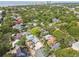 An aerial view showcases a neighborhood surrounded by lush greenery, leading to the bay and city skyline at 711 S Bungalow Ter, Tampa, FL 33606