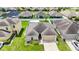 Aerial view of single-Gathering home in a residential neighborhood with well-manicured lawns and mature trees at 14524 Dunrobin Dr, Wimauma, FL 33598
