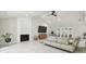 Modern living room with a vaulted ceiling, white floors, a fireplace and French doors leading to the backyard at 15722 Gardenside Ln, Tampa, FL 33624