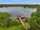 Scenic aerial view of a dock with a gazebo on a lake surrounded by mature trees at 21108 Bircholm Ct, Land O Lakes, FL 34637