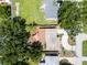Top-down aerial view of a single-story home featuring a circular driveway, spacious backyard, and mature trees at 3115 Bay Ln, Clearwater, FL 33759