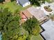 Bird's eye view of a single-story home showcasing its mature landscaping, circular driveway and proximity to neighboring houses at 3115 Bay Ln, Clearwater, FL 33759