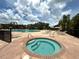 A luxurious hot tub is surrounded by lounge chairs, and a pool under fluffy white clouds and blue skies at 8222 Haven Harbour Way, Bradenton, FL 34212