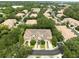 An aerial shot of houses featuring mature trees, private driveways, and a well-maintained neighborhood at 897 Lantern Way, Clearwater, FL 33765