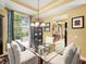 Dining area featuring a modern glass table, stylish chairs, and an adjacent kitchen view at 897 Lantern Way, Clearwater, FL 33765