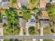 A high-angle aerial view of the property featuring a private pool, backyard, and mature landscaping at 13991 Coronado Dr, Spring Hill, FL 34609