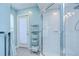 Clean bathroom features a modern shower with glass door, blue accents, and ample space at 17302 Stetson Ln, Odessa, FL 33556