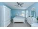 Serene bedroom with blue walls, white furniture, a ceiling fan, and bright natural light at 17302 Stetson Ln, Odessa, FL 33556