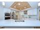 Well-lit kitchen boasts an expansive island, stainless steel appliances, and unique wood plank ceiling at 17302 Stetson Ln, Odessa, FL 33556