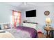 Cozy bedroom features a ceiling fan, TV, dartboard, and a comfortable-looking bed at 1827 Peaceful Palm St, Ruskin, FL 33570