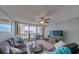 Relaxing living room with updated flooring, cozy seating, and expansive views of the ocean and cityscape at 440 S Gulfview Blvd # 701, Clearwater Beach, FL 33767