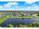 Picturesque aerial view of the community showcasing homes, lush green spaces, and a serene pond, creating a tranquil environment at 11309 Langworth Hill Ln, Riverview, FL 33579