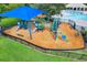 This is a modern community playground with play equipment, shade, and picnic areas, all surrounded by a secure fence at 11309 Langworth Hill Ln, Riverview, FL 33579