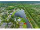 Aerial view showcasing lakefront homes with lush surroundings and serene lake; perfect blend of comfort and nature at 12439 Bristol Commons Cir, Tampa, FL 33626