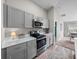 Kitchen featuring gray cabinets, quartz countertops, stainless steel appliances, and a seamless transition to the dining area at 13105 Fruitville Way, Riverview, FL 33579