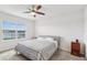 Cozy bedroom with ceiling fan and a serene view of the water at 15825 Mauvewood Ave, Odessa, FL 33556