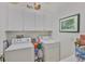 Functional laundry room with overhead cabinets, washer, and dryer, offering practicality and storage solutions at 2292 Sifield Greens Way # 59, Sun City Center, FL 33573