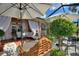 Enclosed patio area featuring patio furniture, decorative plants, and outdoor lighting at 2359 Emerald Lake Dr, Sun City Center, FL 33573