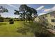 Lush green backyard with a pond, tall trees, and a view of the back of the building at 2459 Columbia Dr # 39, Clearwater, FL 33763