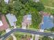 Bird's eye view of a home with a pool, and houses surrounded by trees at 3037 Crest Dr, Clearwater, FL 33759