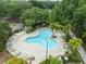 Aerial view of clover shaped pool with sundeck, lounge chairs, and lush tropical landscaping at 12912 Arbor Isle Dr # 202, Temple Terrace, FL 33637
