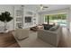 Inviting living room with built-in shelves, a large TV, comfortable seating, and view of the outdoor pool at 2812 Windcrest Oaks Ct, Valrico, FL 33594