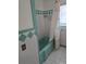 Bathroom with a vintage green bathtub, shower curtain and tiled walls at 534 N Larry Cir, Brandon, FL 33511