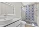 Modern bathroom with stylish blue-patterned tiles, a glass shower door, and sleek fixtures at 131 Forest Hills Dr, Redington Shores, FL 33708