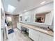 Bright bathroom features double sinks, a vanity area, a skylight, and a large walk-in shower at 2215 Toniwood Ln, Palm Harbor, FL 34685