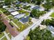 An aerial view of a single Gathering home with a dark roof on a tree lined street in a quiet neighborhood at 400 53Rd N St, St Petersburg, FL 33710