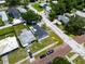 An aerial view of a light-colored single Gathering home with a dark roof on a tree lined street at 400 53Rd N St, St Petersburg, FL 33710