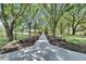 Outdoor ceremony space with wooden benches and a central walkway under a canopy of trees at 4312 James L Redman Pkwy, Plant City, FL 33567