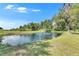 Picturesque pond with a fountain surrounded by lush greenery, trees, and a clear blue sky at 4312 James L Redman Pkwy, Plant City, FL 33567