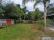 This well-maintained backyard has lush green grass, trees, and partial view of a red painted shed at 820 Crenshaw Lake Rd, Lutz, FL 33548