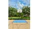 Closeup of a basketball hoop and a blue key area on a community court with manicured landscape at 11011 Little Blue Heron Dr, Riverview, FL 33579
