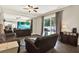 Spacious living room with sliding glass doors, leather furniture, and views of the backyard at 20835 Lake Talia Blvd, Land O Lakes, FL 34638
