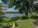 Scenic backyard view of a tranquil lake with lush greenery and mature trees at 22829 Saint Thomas Cir, Lutz, FL 33549