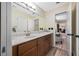 Bathroom with a single sink vanity, hardwood floors, and decorative accents at 2308 Cape Bend Ave, Tampa, FL 33613