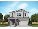 Two-story home with neutral siding, complemented by a two-car garage and well-maintained front lawn at 3275 Guanabana Xing, Wesley Chapel, FL 33543