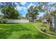 Expansive backyard featuring lush green grass, privacy fence, and patio area with outdoor seating, perfect for entertaining guests at 5301 Bayonne Ave, Spring Hill, FL 34608