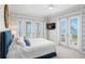 Bedroom featuring blue accent wall, French doors to a balcony, and designer wallpaper at 611 1St S Ave, Tierra Verde, FL 33715