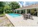 Backyard pool surrounded by brick patio, furniture, and lush landscaping offers an outdoor escape at 11945 Darwin Ave, New Port Richey, FL 34654
